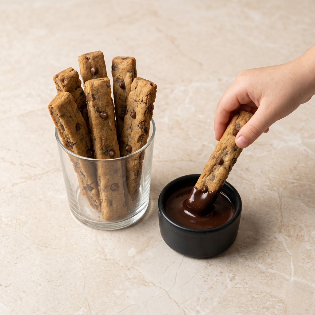 Bâtonnets de cookies Mamy Cookies avec sauce chocolat, présentation gourmande et appétissante sur fond blanc.