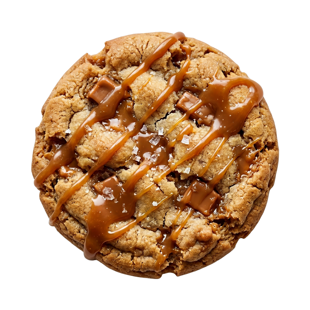 Biscuits au caramel beurre salé de Mamy Cookies, vue en gros plan avec garniture croustillante et texture dorée.